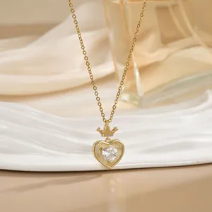 Elegant gold titanium steel necklace with heart crown pendant and sparkling zircon stone