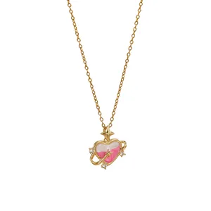 Starry pink heart planet necklace in gold finish with sparkling cubic zirconia crystals