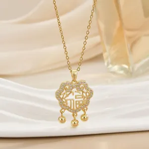 Elegant gold heart lock necklace with Fu character and zircon inlay in silk setting