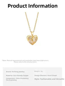 Détail du collier pendentif cœur en cuivre écologique avec incrustation de zircon et plaquage
