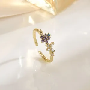 Verstelbare bloem vlinder ring met kleurrijke zirkoon verguld goud voor dames
