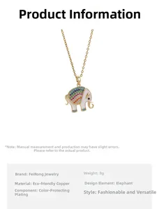 Detail view of elephant pendant necklace with colorful stones and eco-copper plating
