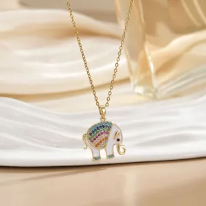 Women's Fashion Gold Plated Copper Elephant Pendant Necklace With Rainbow Zircon White Elegant Animal Clavicle Chain Jewelry