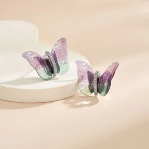 Détail de boucles d'oreilles papillon scintillantes avec dégradé bleu et violet sur pierre