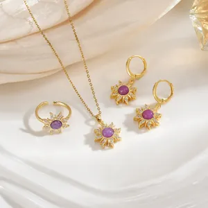 Conjunto de Joyas de Girasol Vintage Ópalo Artificial Púrpura Cobre Diamantes de Imitación Collar Pendientes Anillo Mujer