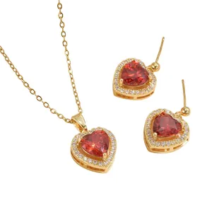 Goldenes Herz-Schmuckset mit rotem Zirkon-Anhänger-Halskette und Ohrsteckern für Frauen