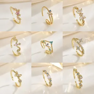 Verstelbare Open Ring Voor Dames Koper Verguld Bloem Vlinder Patroon Strass Kunstparel Zoete Sieraden Cadeau