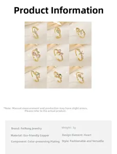 Detailed grid view of adjustable gold-plated copper rings with colorful zircon inlay