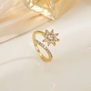 Elegant adjustable flower zircon open ring with gold plated finish on champagne satin