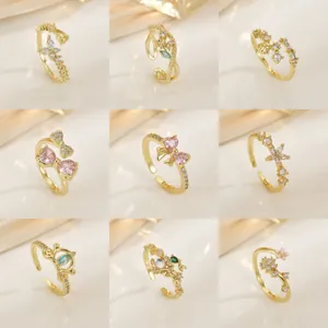 Elegant Copper Rhinestone Open Ring For Women Adjustable Bow Butterfly Heart Flower Crown Shaped Fashion Jewelry Finger Ring