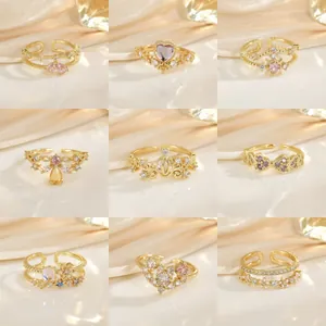 Bague Ouverte Réglable en Cuivre Plaqué Or de Luxe pour Femmes Sertie de Zircone Cœur Papillon Couronne Bijoux de Mode Cadeau