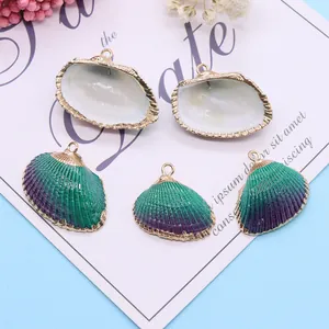Cinq pendentifs coquillages naturels dégradés vert et violet avec bordure dorée pour bijoux