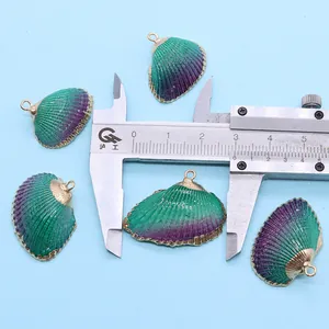 Détails macro de pendentifs coquillages vert foncé de 25mm avec bordure en métal doré