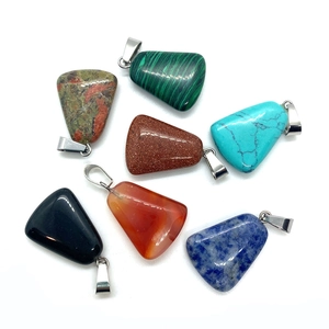 Selection of trapezoid gemstone pendants in malachite and quartz with silver clasps