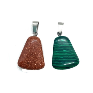 Trapezoid natural goldstone and malachite pendants with silver metal clasps on white base