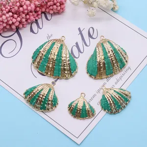 Green and gold scallop shell charms with top ring for DIY jewelry making and crafts