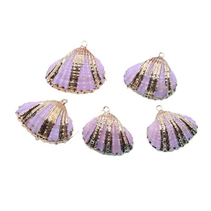 Natural scallop shell pendants in lavender purple with electroplated gold edges for jewelry