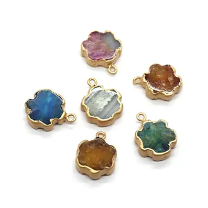 Natural crystal stone flower pendant with gold plated edge for DIY jewelry making