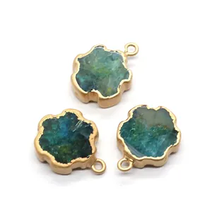 Three natural blue stone flower pendants with gold plated edges for DIY jewelry crafts