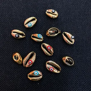 Gold Plated Natural Cowrie Shell Beads With Evil Eye Pattern Nazar DIY Jewelry Making Charms For Necklace Earrings