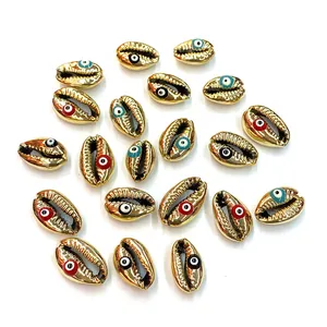 Golden plated shell charms with evil eye inlay for DIY necklace and jewelry making