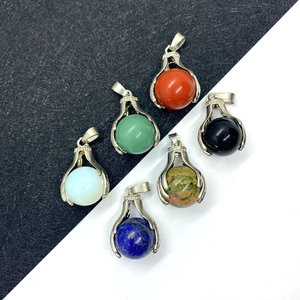 Set of 6 natural round stone pendants in varied colors with silver bails for jewelry making