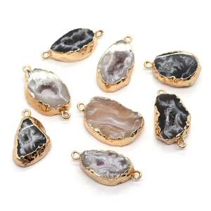 Natural agate druzy pendants with irregular gold plated edges in various earth tones