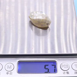 Detailed view of handmade oval mosaic shell bead weighing 5.7g on digital scale