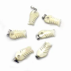 Set of 6 natural seashell fishbone pendants with small rhinestones and silver bails