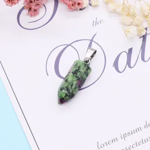 Detailed view of Ruby in Zoisite hexagonal bullet pendant with silver metallic clasp