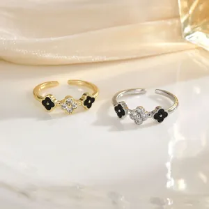 Fashion Lucky Four-Leaf Clover Open Adjustable Ring For Women Gold Silver Plated Rhinestone Drip Oil Hollow Finger Ring Jewelry