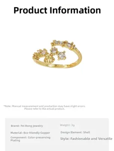 Dettagli dell'anello regolabile placcato oro 18K con conchiglia e pietre di zircone