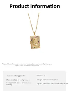 Detailed view of Virgin Mary pendant in gold copper with colorful zircon stones inlay