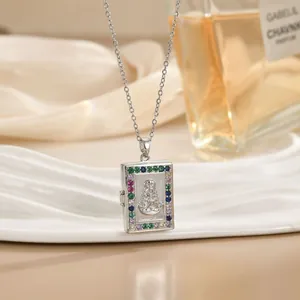 Religious book locket necklace with colorful crystals and Virgin Mary relief in silver finish