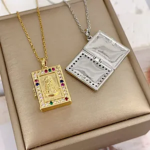 Book-shaped Virgin Mary pendant necklace in gold and silver with colorful zirconia stones