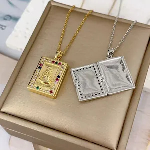 Religious book locket necklace with Virgin Mary relief and colorful zircon inlay details