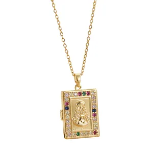Golden Virgin Mary necklace with colorful zircon stones in a book shaped pendant