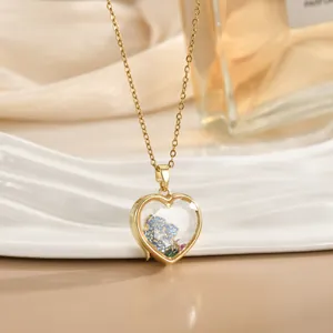 Retro Heart Transparent Locket Pendant Necklace With Floating Colorful Zirconia Copper 18K Gold Plated Chain Jewelry Women