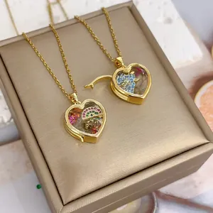 Vintage 18k gold plated heart locket pendant necklace with clear internal stones