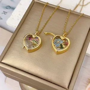 Vintage gold heart locket pendant necklace with rainbow and floral diamond crystal details