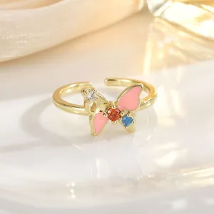 Exquisite enamel butterfly heart ring with pink gold plating and colorful crystals