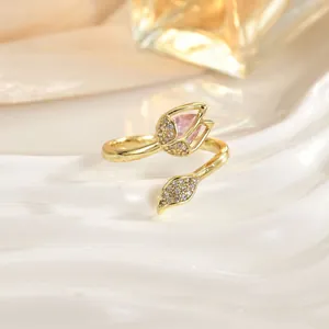 Elegant gold tulip ring with pink cat eye stone and diamonds, adjustable open size