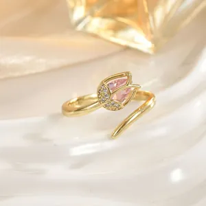 Elegant gold tulip open ring with pink cat eye stone and crystal accents for women