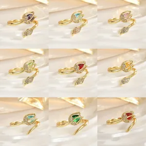 Elegant Tulip Flower Copper Open Ring For Women Adjustable Artificial Cat's Eye Stone Rhinestone Inlaid Ring Fashion Jewelry