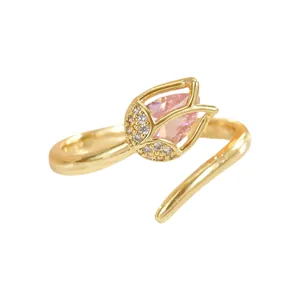 Elegant gold tulip open ring with pink cat eye stone and sparkling zircon accents