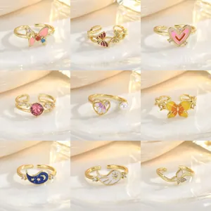 Enamel Butterfly Heart Open Ring For Women Copper Gold Plated Rhinestone Palace Style Dreamy Fashion Finger Ring Jewelry