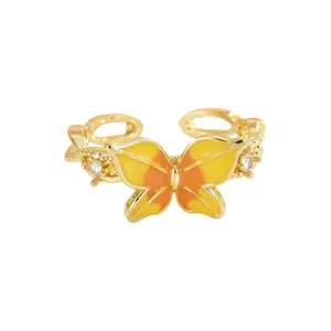 Golden butterfly heart open ring with yellow enamel inlay and zircon accents