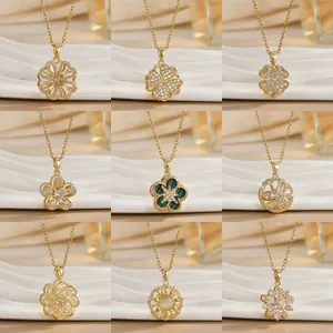 Vintage Gold Plated Copper Zirconia Pendant Necklace For Women Rotatable Flower Evil Eye Sun Four Leaf Clover Choker Fashion Jewelry