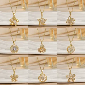 Rotating flower titanium steel necklaces collection in gold finish with sparkling crystals