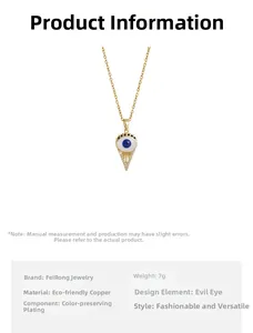 Macro detail of Evil Eye triangle pendant necklace in gold-plated eco-friendly copper